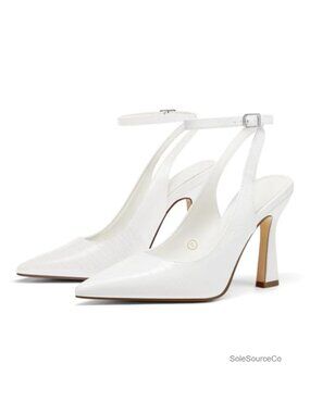 Faux Leather Slingback Pumps High Heels Closed Toe Ankle Strap Dress Shoes